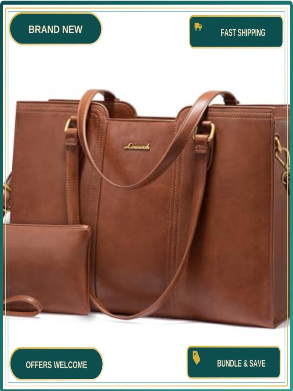 PU Leather Laptop Bag for Women Fits 15.6 Inch Work Tote with Wristlet